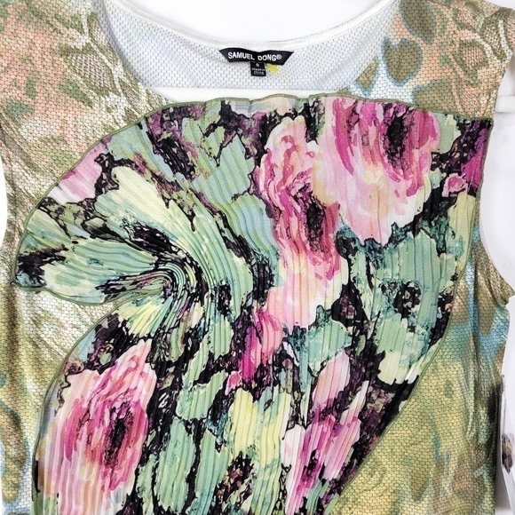 Samuel Dong Y2k Green Pink Roses Animal Print Pleated Fanned Fitted Midi Dress - Picture 3 of 10